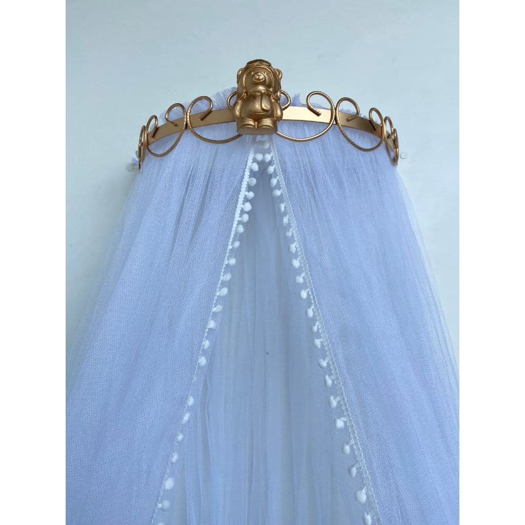 Dossel arabesco Ursinho Aviador Dourado Bebe e Mosquiteiro Enxoval Pompom Berço
