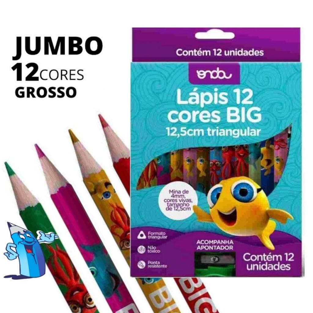 LAPIS DE COR JUMBO 12 CORES BIG GROSSO TRIANGULAR DECORADO ONDA