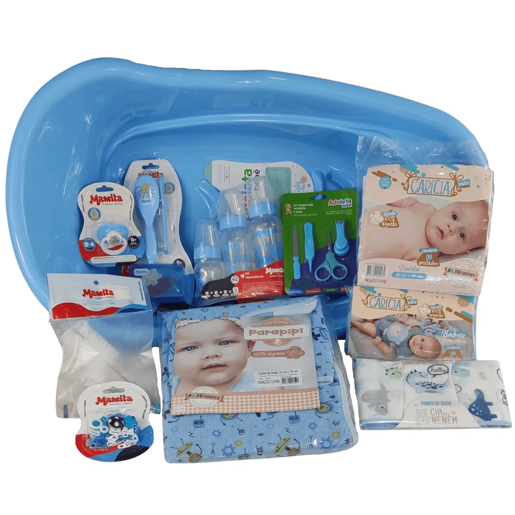 Kit Banho do Bebê Completo Banheira 22L Toalha de Banho Bacia Balde Mamadeira Kit Fralda Enxoval Roupão Infantil