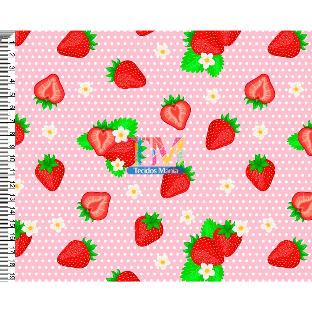 Tecido tricoline, microfibra ou gabardine estampado - Morango - Fundo Bolinhas - Rosa - 0.50cm