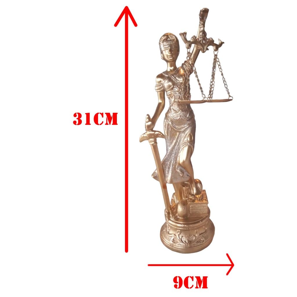 Estátua Dama Da Justiça Têmis Deusa 31 cm e 14 cm  Símbolo Do Direito Dourado