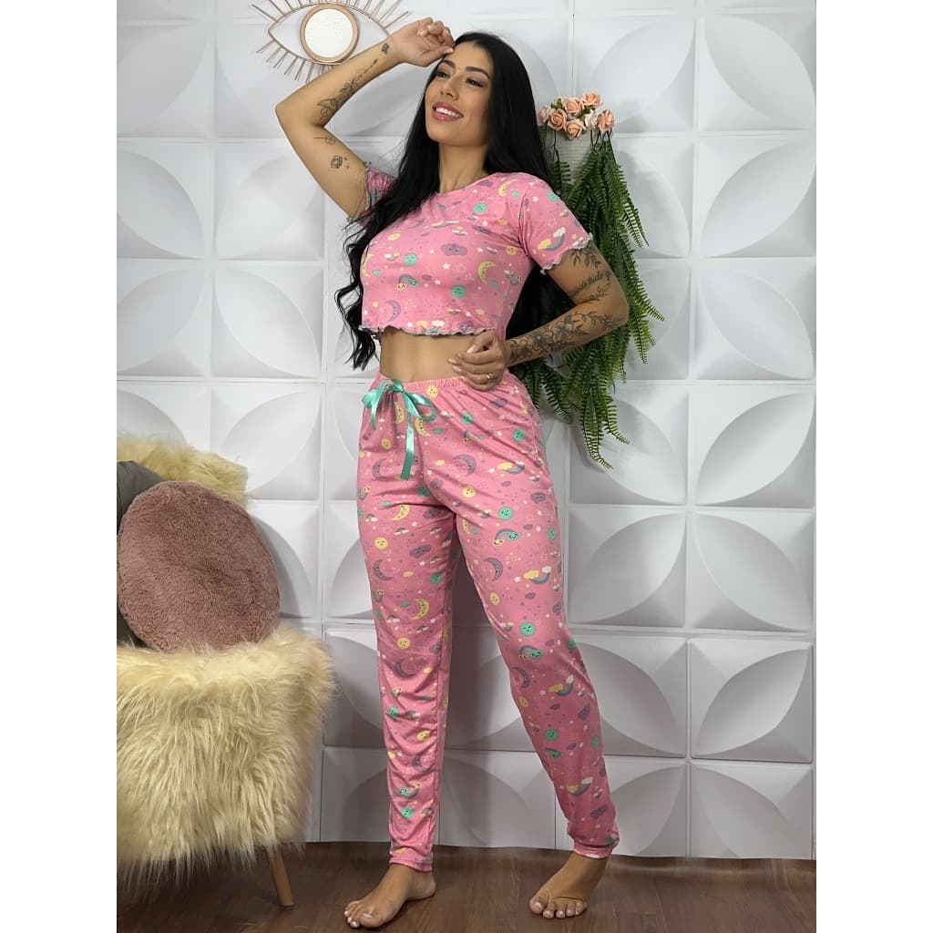Pijama Feminino Adulto Ondinha Cropped Calça Longa Estampado Suede Roupa de Dormir