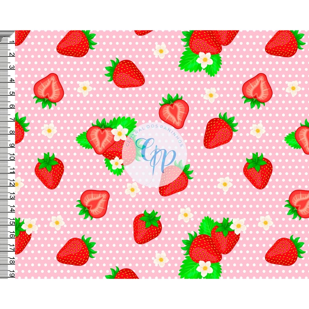 Tecido tricoline, microfibra ou gabardine  - Morango - Fundo Bolinhas - Rosa - 0.50cm