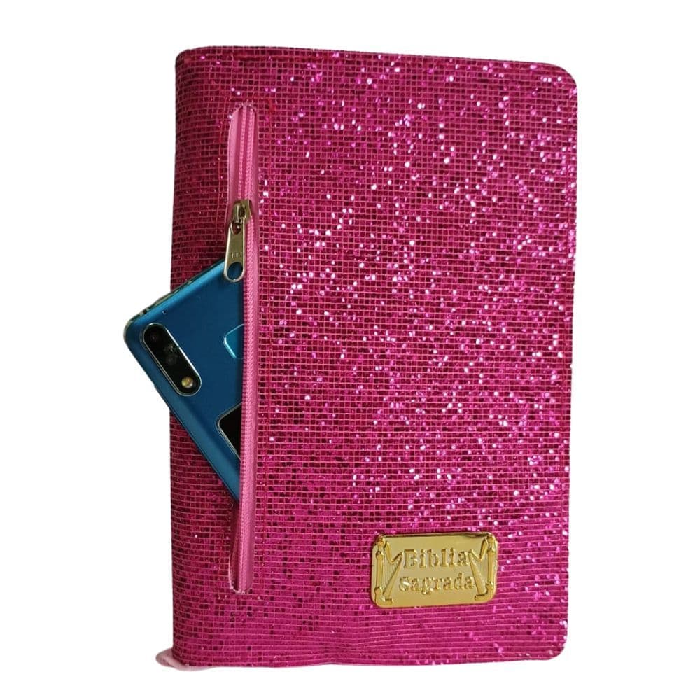 Capa para Bíblia com Brilho Glitter Brilhosa com Zíper e Bolso Externo - Tamanhos Grande e Média
