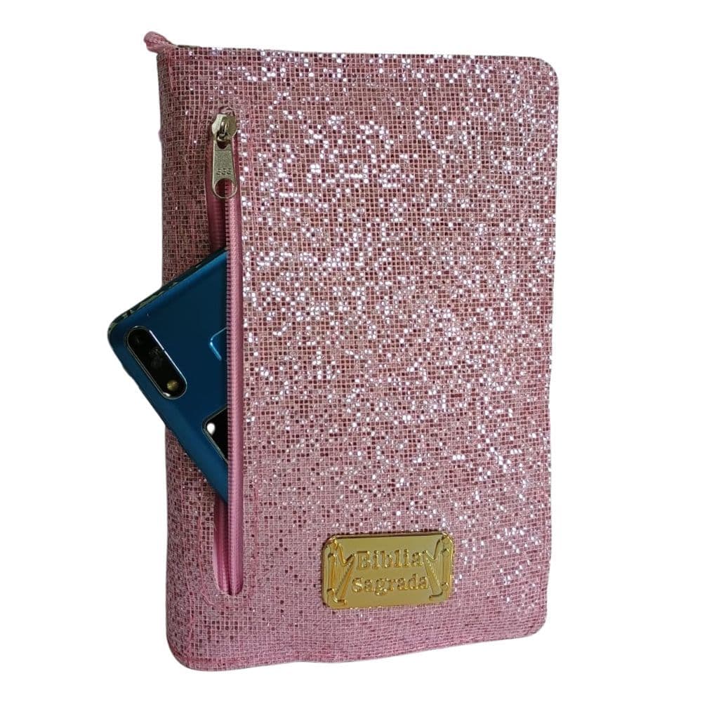 Capa Feminina para Bíblia com Brilho Glitter Zíper e Bolso Externo Porta-celular - Média - Número 11
