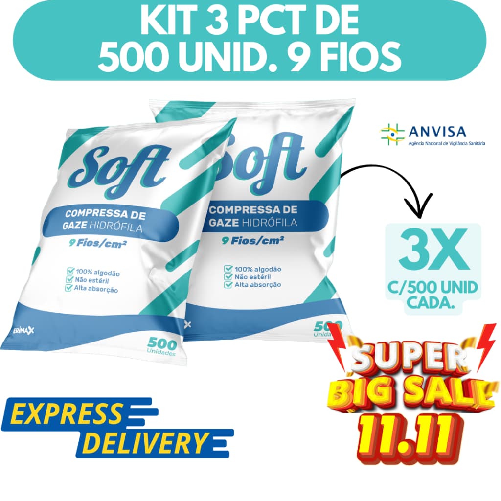 Kit 3 Compressa De Gaze 9 Fios 1500 Unidades Soft Hidrófila Gazes Descartável Anvisa
