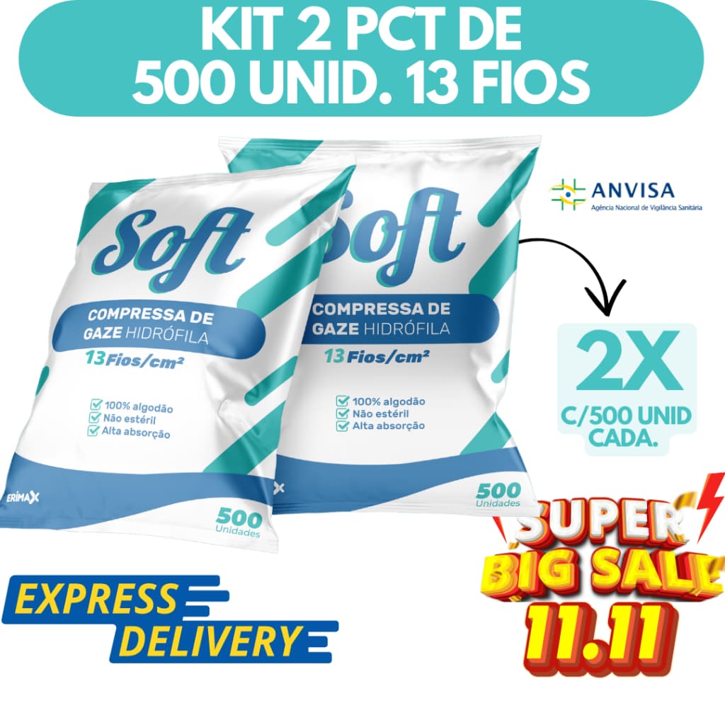 Kit 2 Compressa De Gaze 13 Fios 1000 Unidades Soft Hidrófila Gazes Descartável Anvisa