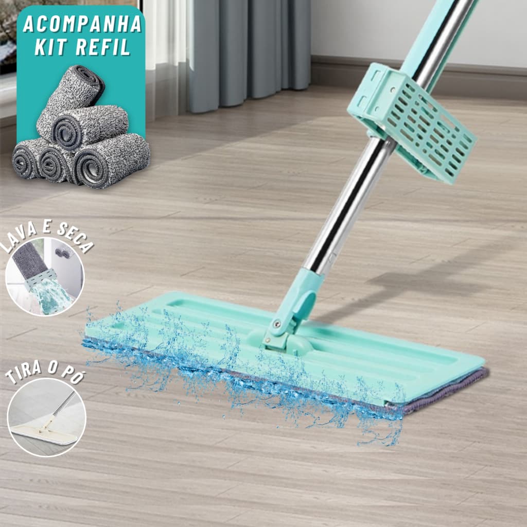 Esfregão Rodo Mop Mágico Inteligente Com 2 Refil Flat 360° Graus Flexível Puxa e Seca Limpeza Casa Limpa Fácil Microfibra Alto Absorção