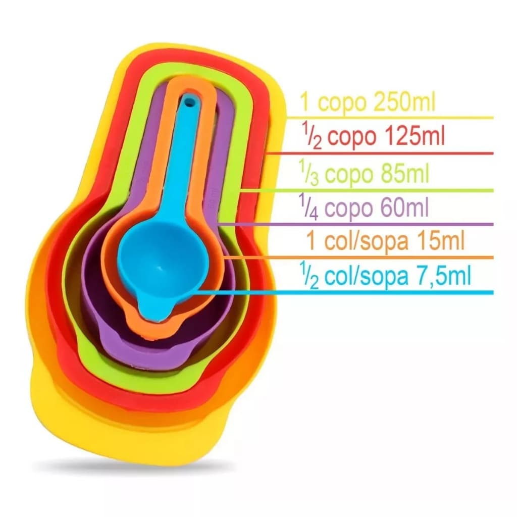 Conjunto Colher Xicaras Medidoras Top Útil Multicoloridas Várias Medidas 250ml 125ml 85ml 60ml 15ml 7,5ml