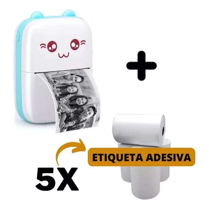 Mini Impressora Térmica Portátil + 5 Rolos Adesivos
