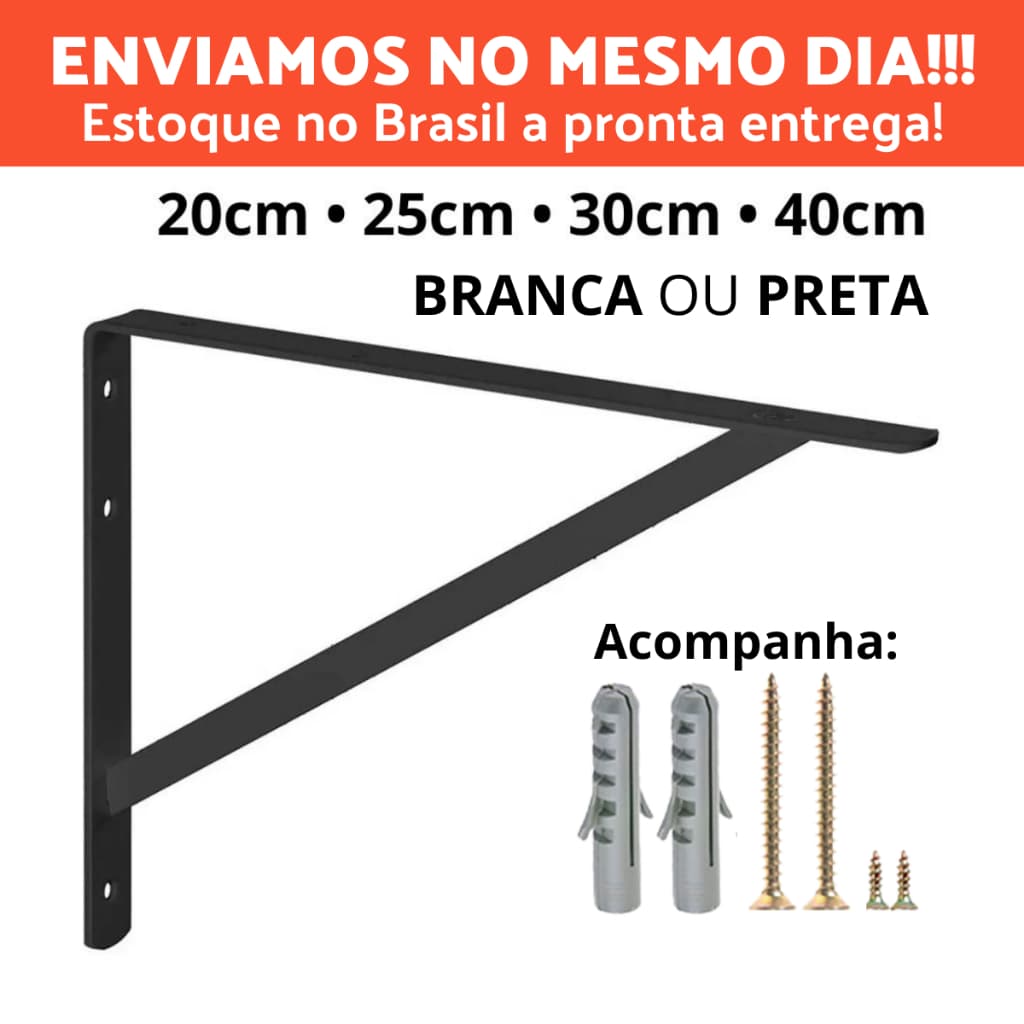 Mão Francesa 20cm 25cm 30cm 40cm Suporte De Prateleira Tampo De Mesa E Bancada - Branca e Preta
