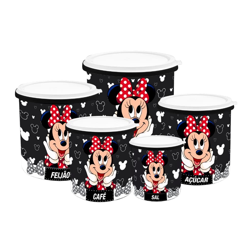 Kit 5 Potes de Mantimentos Plástico Decorado Linha Minnie