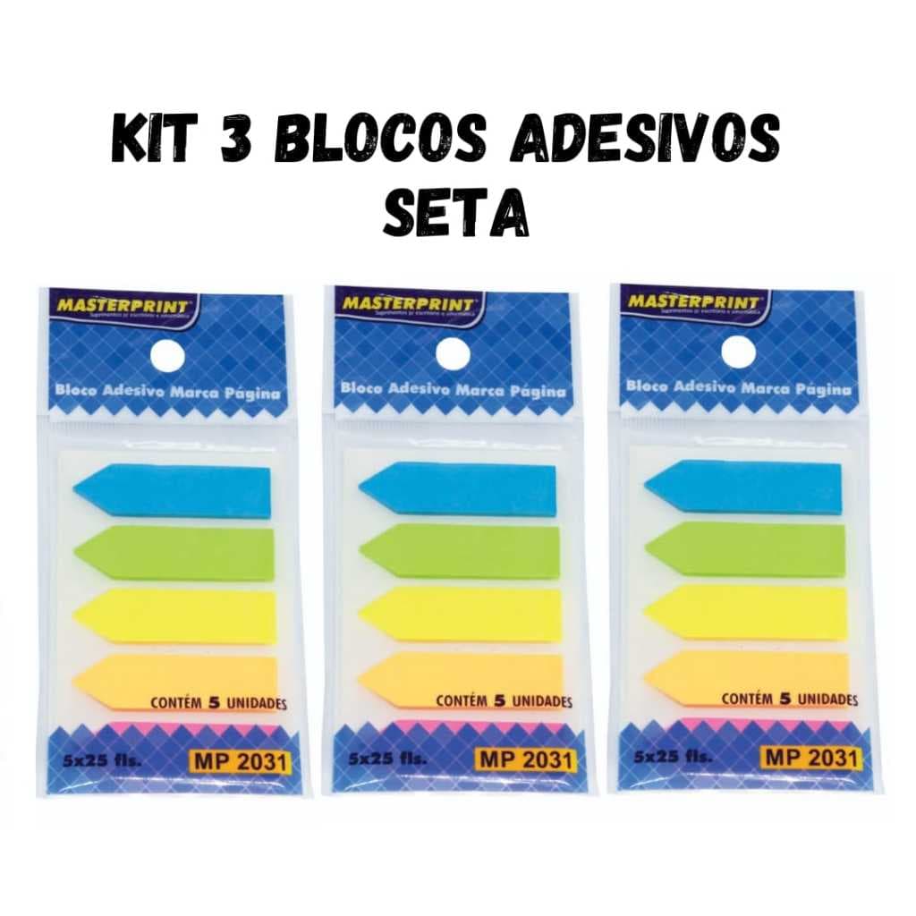 Kit 3 Bloco Adesivo Marcador de Páginas 5 Cores Neon Seta MASTERPRINT