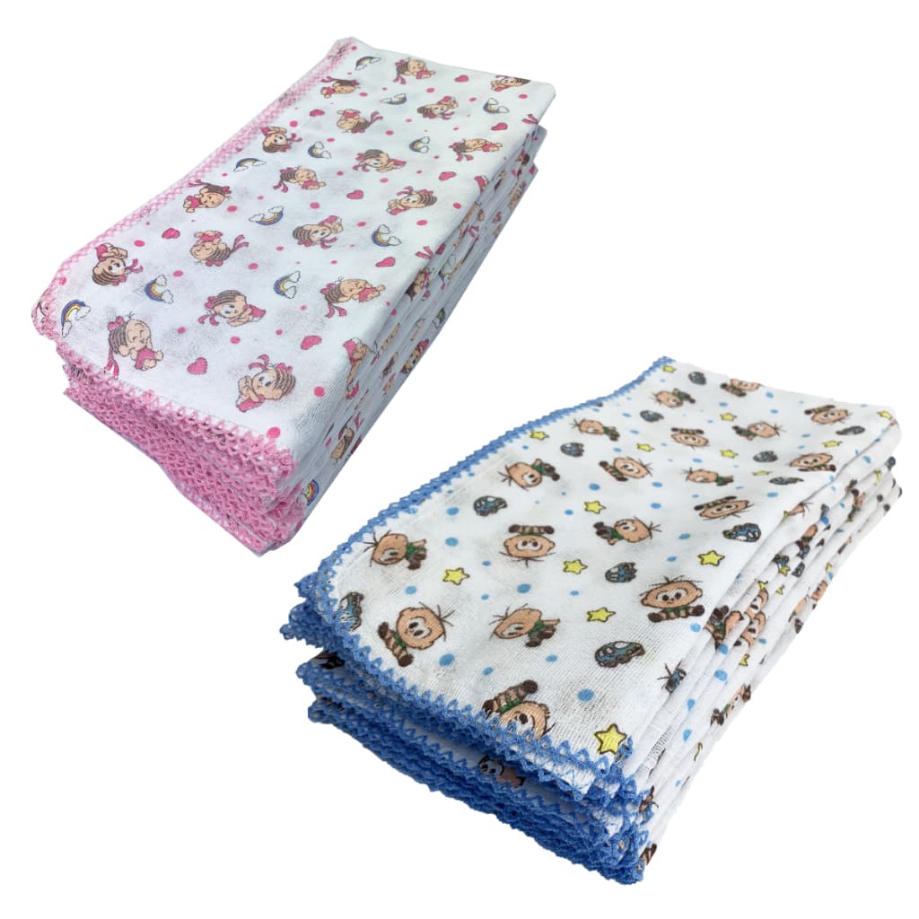 Kit 5 Fralda de Pano Bebê Turma Da Mônica E Cebolinha 70x70cm Com Crochê e 100% Algodão