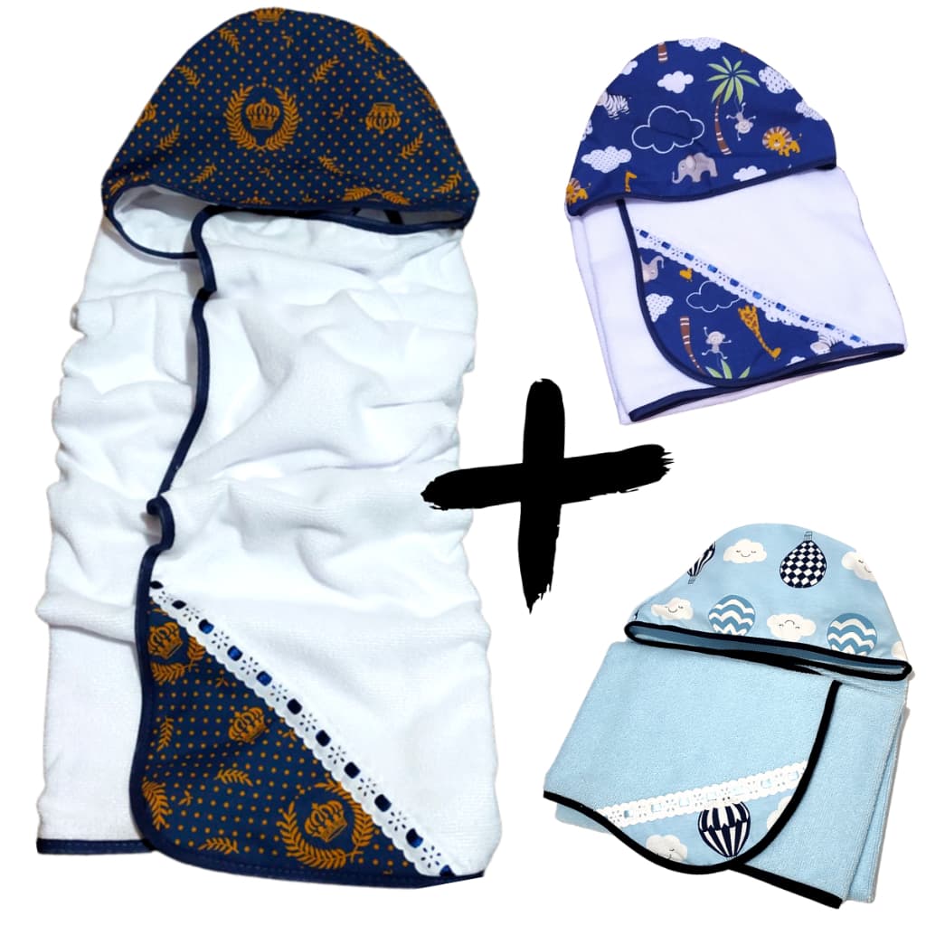 Kit com 3 Toalha De Banho Bebe Dupla Face Modelo Luxo Com Capuz Forrada com Fralda 100% Algodão