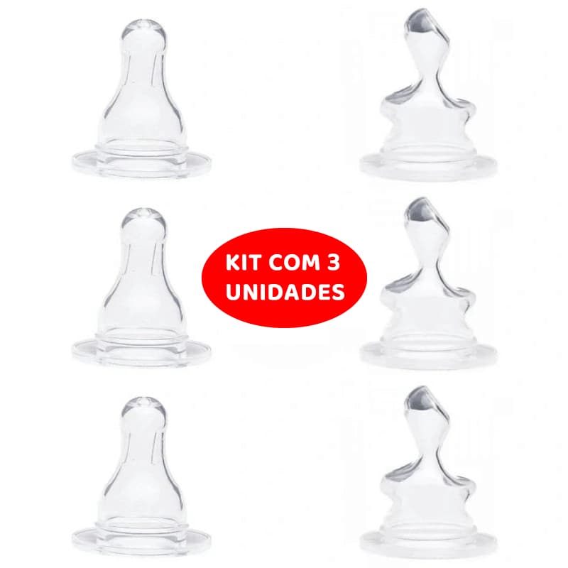 Kit com 3 Bicos de Mamadeira Redondo ou Ortodôntico 100% Silicone