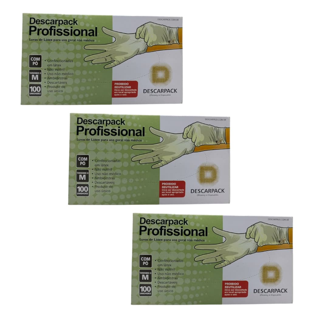 Kit 3 Caixas de Luvas de Latéx Com Pó Descartável Profissional Tamanho PP, P, M e G
