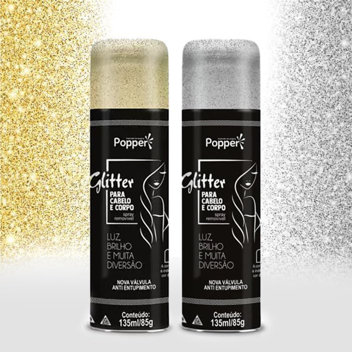 Spray De Glitter Cabelo e Corpo Roupa Popper 135ml Dourado e Prata
