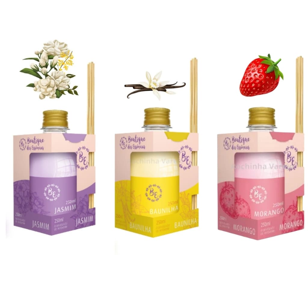Kit 3 Difusor de Ambiente Aromatizador Jasmim, Baunilha e Morango com 4 Varetas cada e 250ml cada