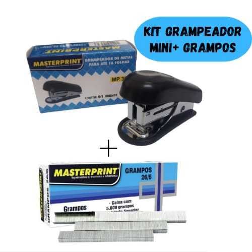 Kit Grampeador Mini Metal + 5.000 Grampos 26/6 Galvanizados Escolar Escritório MASTERPRINT