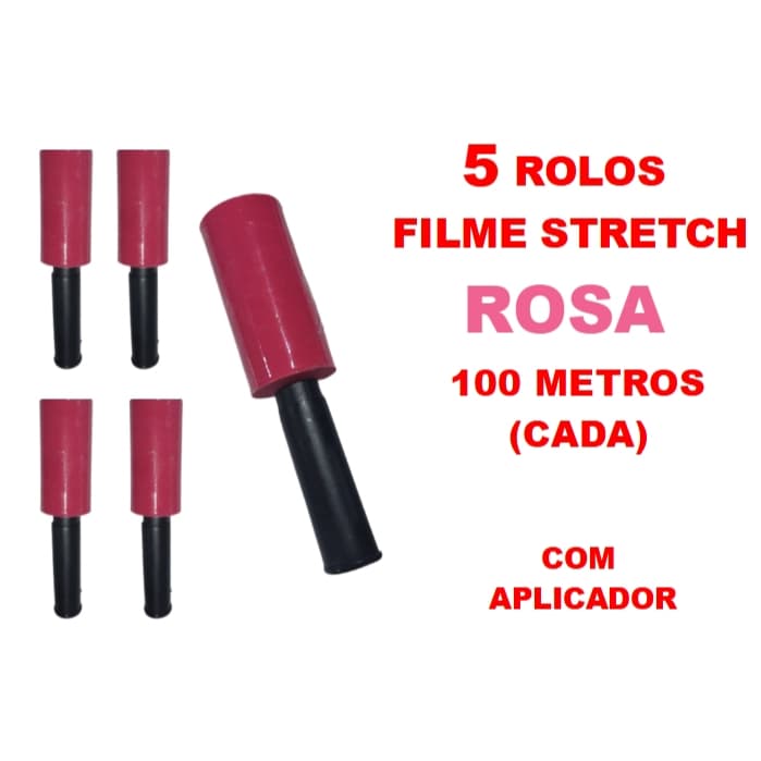5 Rolos Filme Stretch ROSA C/ Cabo Adaptador (10cm) 100 Metros (cada)