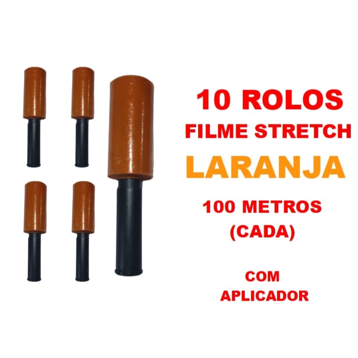 10 Rolos Filme Stretch LARANJA C/ Cabo Adaptador (10cm) 100 Metros (cada)