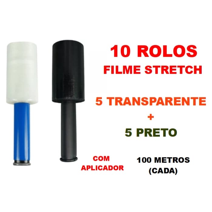 10 Rolos Filme Stretch C/ Cabo Adaptador (10cm) 100 Metros (cada)  5 PRETO + 5 TRANSPARENTE