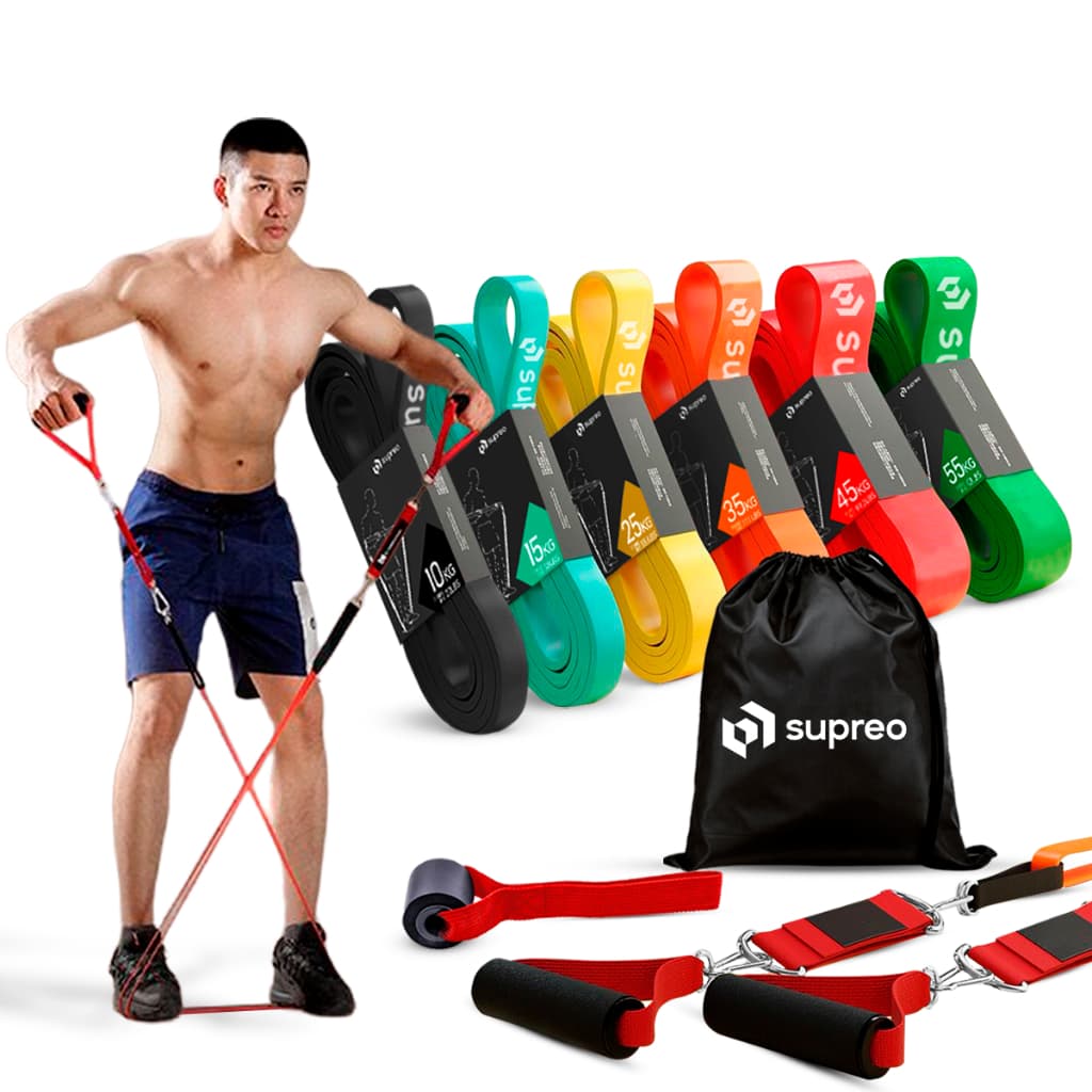Kit 6 Super Band Elásticos Extensor Treino Em Casa 6 Intensidades Borracha Leve e Extra Forte