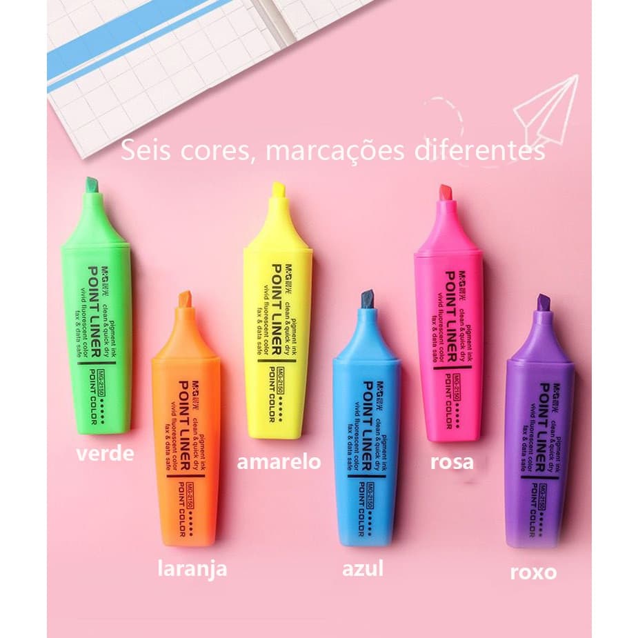 KIT 6 Canetas Marca Texto Neon Sortidas Coloridos