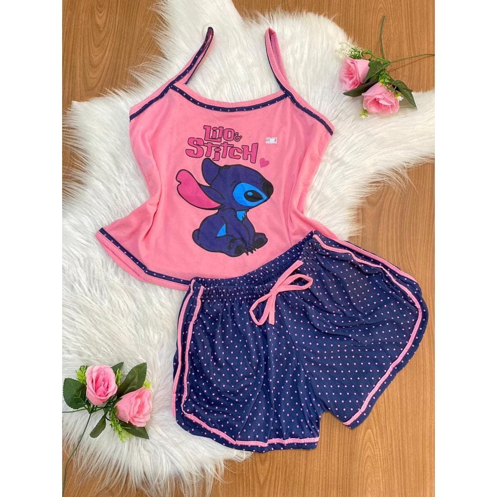 Pijama infantil feminino verao alcinha personagens baby doll short doll Rosa Poa Stitch Festa Do Pijama Lacinho