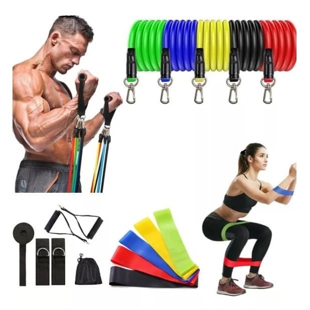 Kit Extensores Elásticos + 5 Mini Bands Para Exercicios Em Casa Elástico Para Pilates Fisioterapia