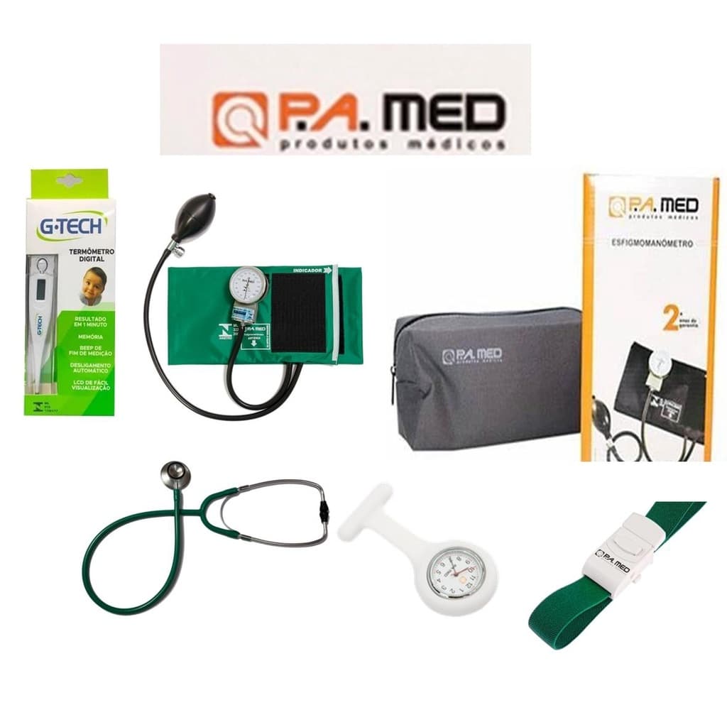 Kit Esfigmomanômetro + Estetoscópio Duo P.A.MED + Relógio + Garrote + Termômetro