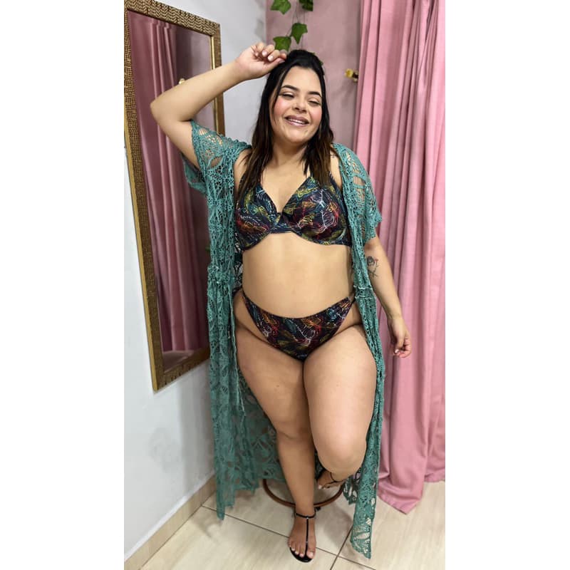 Saída de praia kimono longo em renda plus