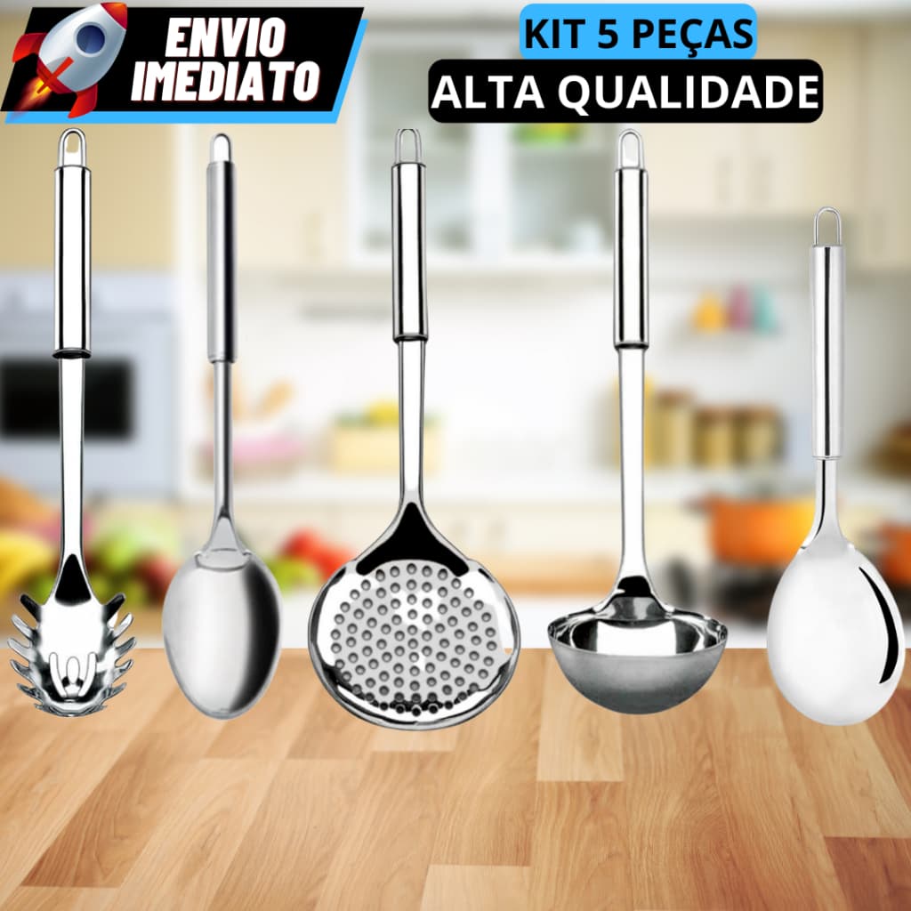 Kit Utensílios Para Cozinha 5 Peças Aço Inox Colher De Arroz Escumadeira Concha