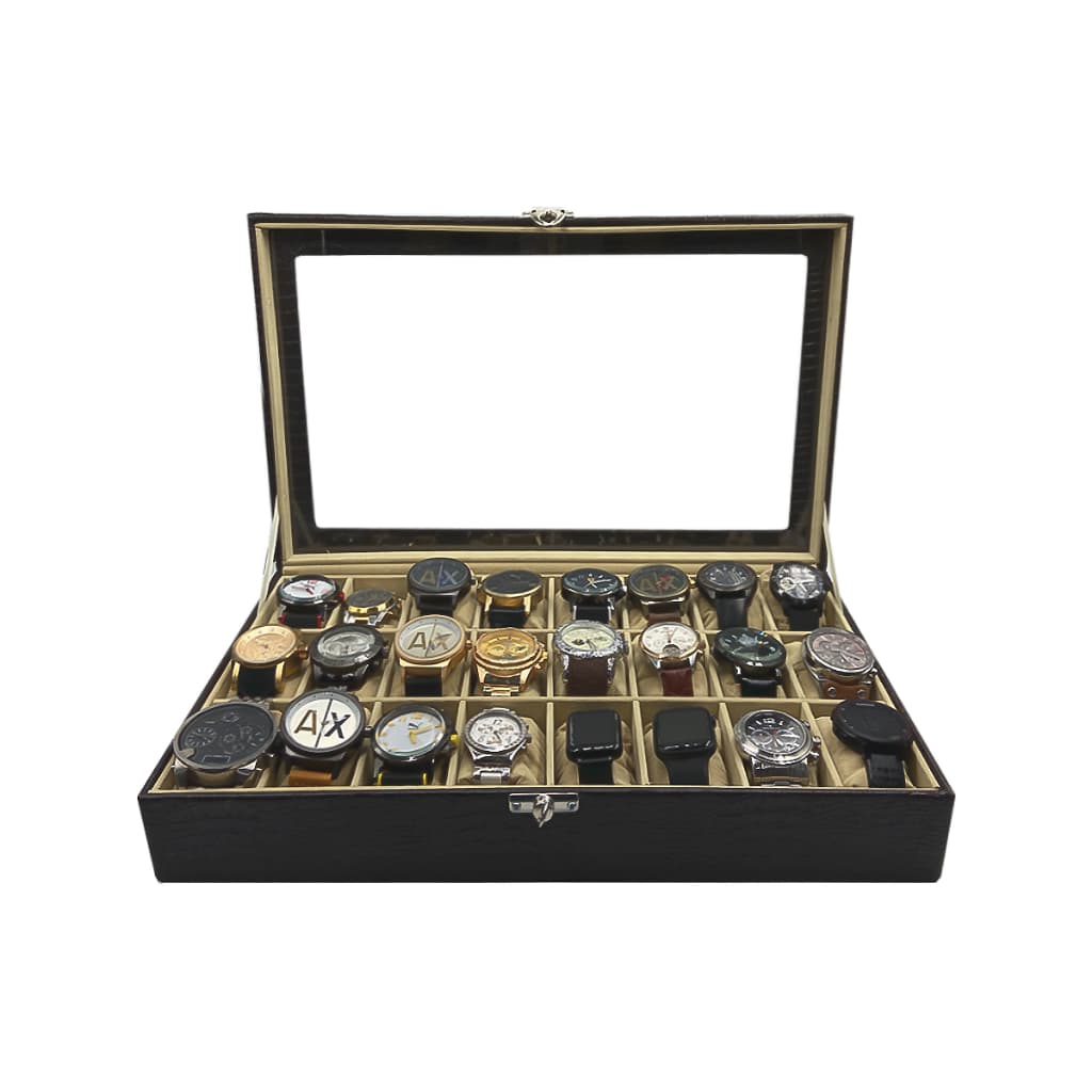 Estojo Para 24 Relógios Externo Marrom Com Interno Bege