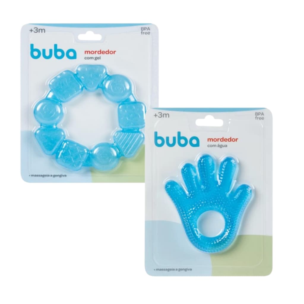 Kit com 2 Mordedor Bebê Massageador Gengiva Alivia Dor Na Gengiva Mordedor com Água e em Gel Buba