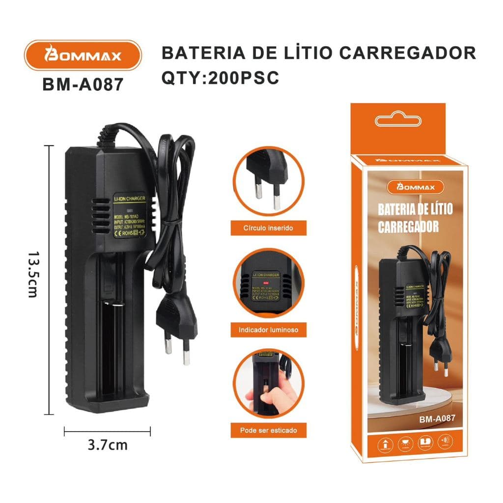 Carregador de bateria Li-ion de 4.2v Bivolt Regulável 18650 16340 18500 26650 - A087