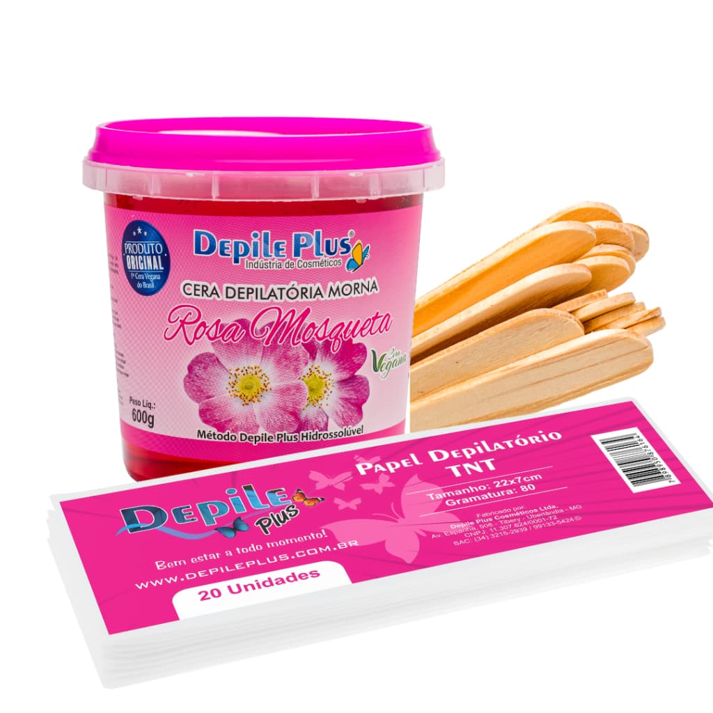 Kit Cera Hidrossolúvel 600g + Espátula (Palito) Larga 15 unidades + Papel Depilatório 20 unidades
