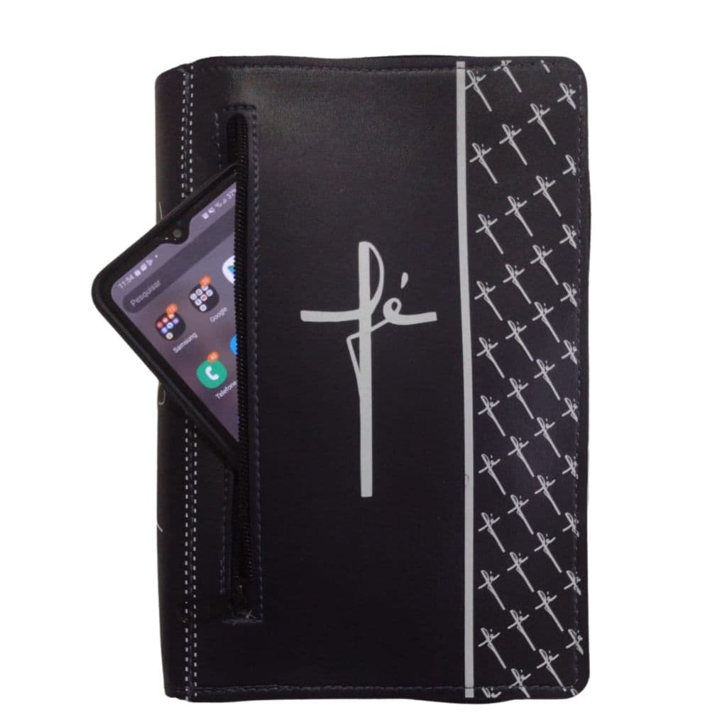 Capa para Bíblia Média com Zíper Escrito Fé - Bolso Externo Porta Celular