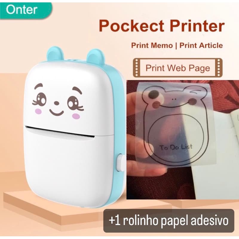 Mini Impressora Térmica Sem Fio Bluetooth portatil gatinho ROSA ULTIMA UNIDADE+ROLO DE PAPEL ADESIVO