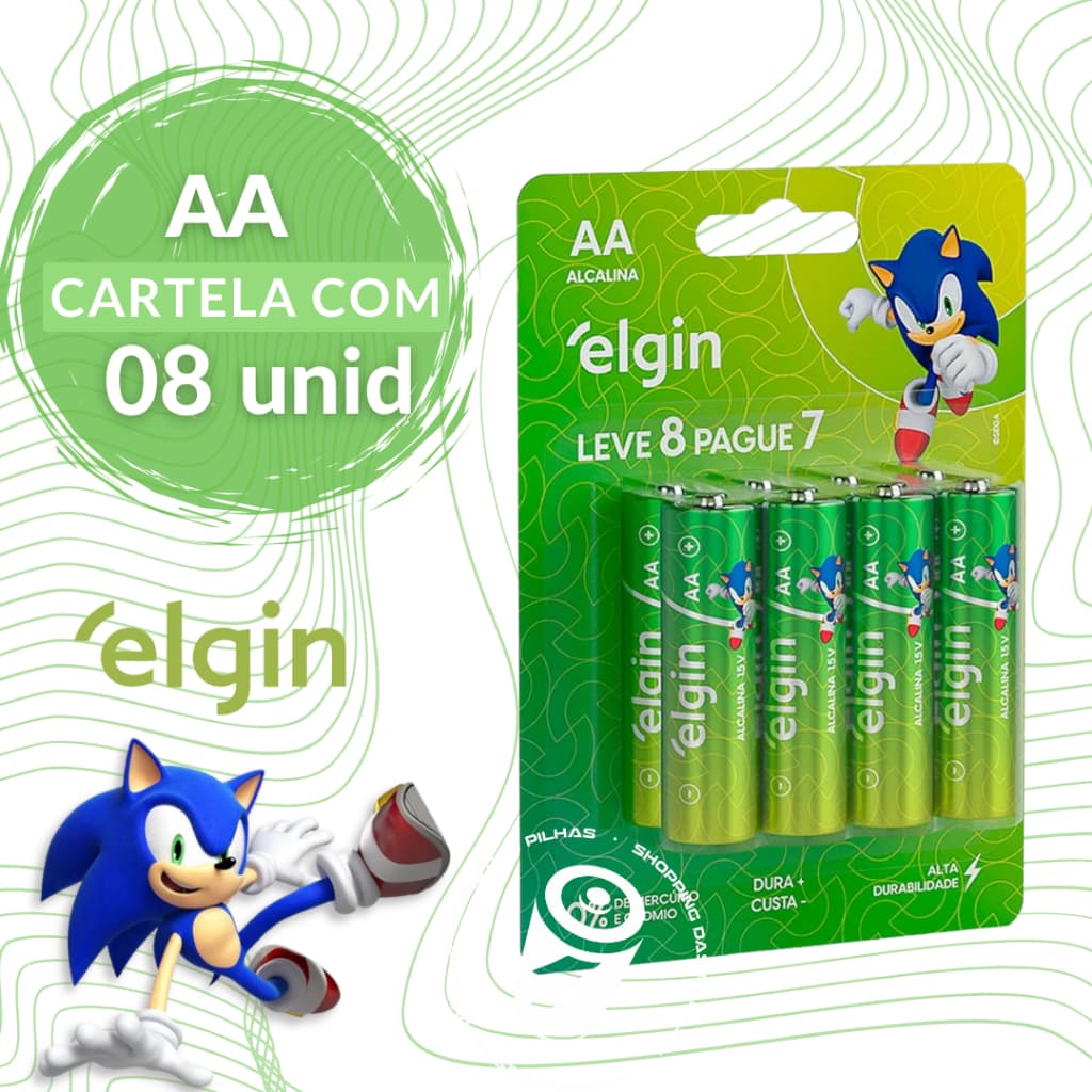 Cartela Com 8 Pilhas Aa Alcalina 2A Elgin Linha Sonic LR06
