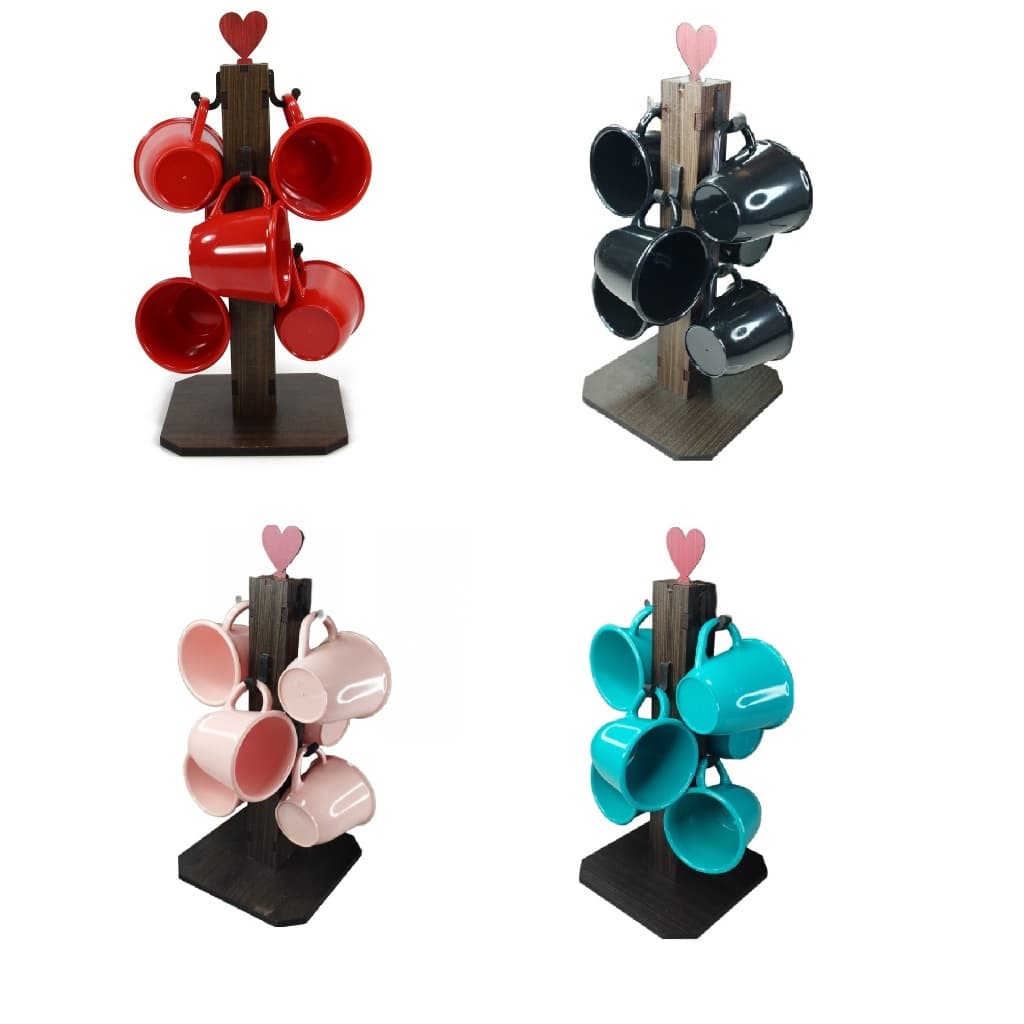 Suporte Pedestal + 6 Xícaras de Acrílico 80ml Flutuante Gancho - Café, Chá, Cozinha