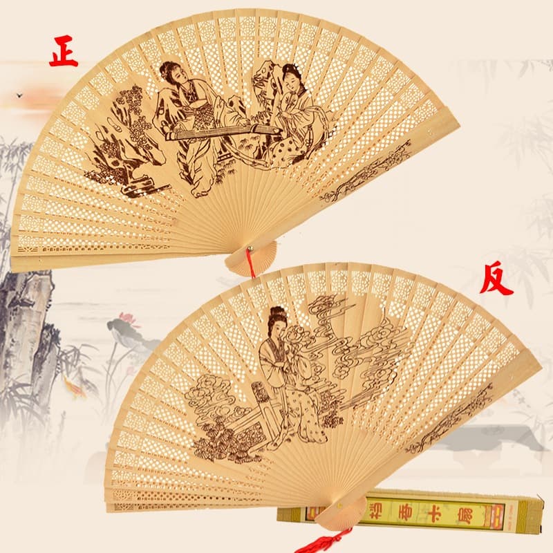 leque de madeira oriental sortidos Todo de Madeira Bordado HZ-04-0013