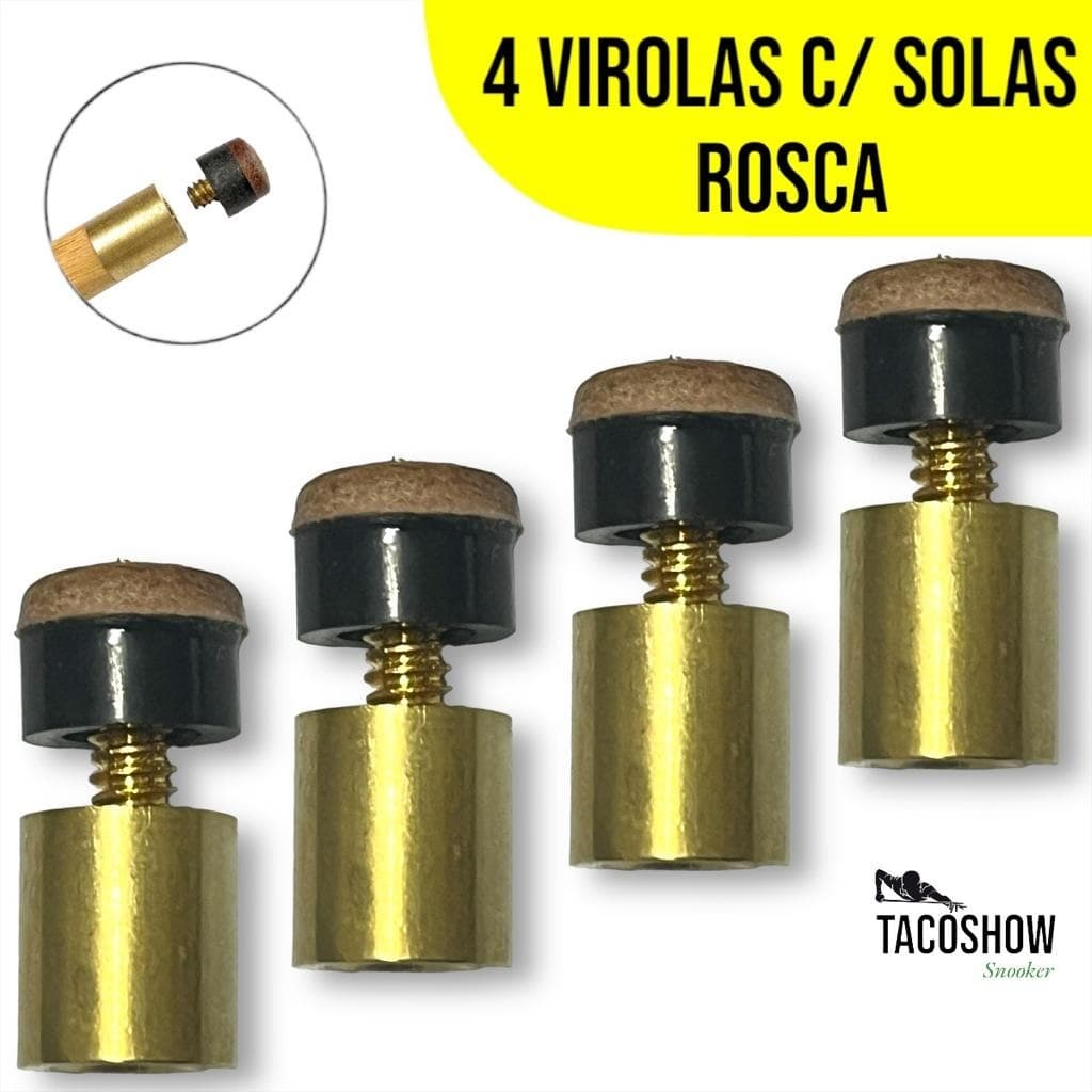 4 Virolas de Metal e 4 Solas Couro 11mm C/ Rosca para Taco Sinuca Bilhar Kit
