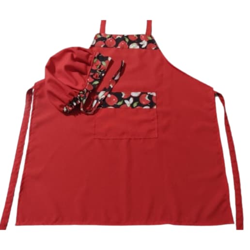 Kit avental de cozinha mais touca, confeccionada com tecido oxford e detalhes em tricoline.