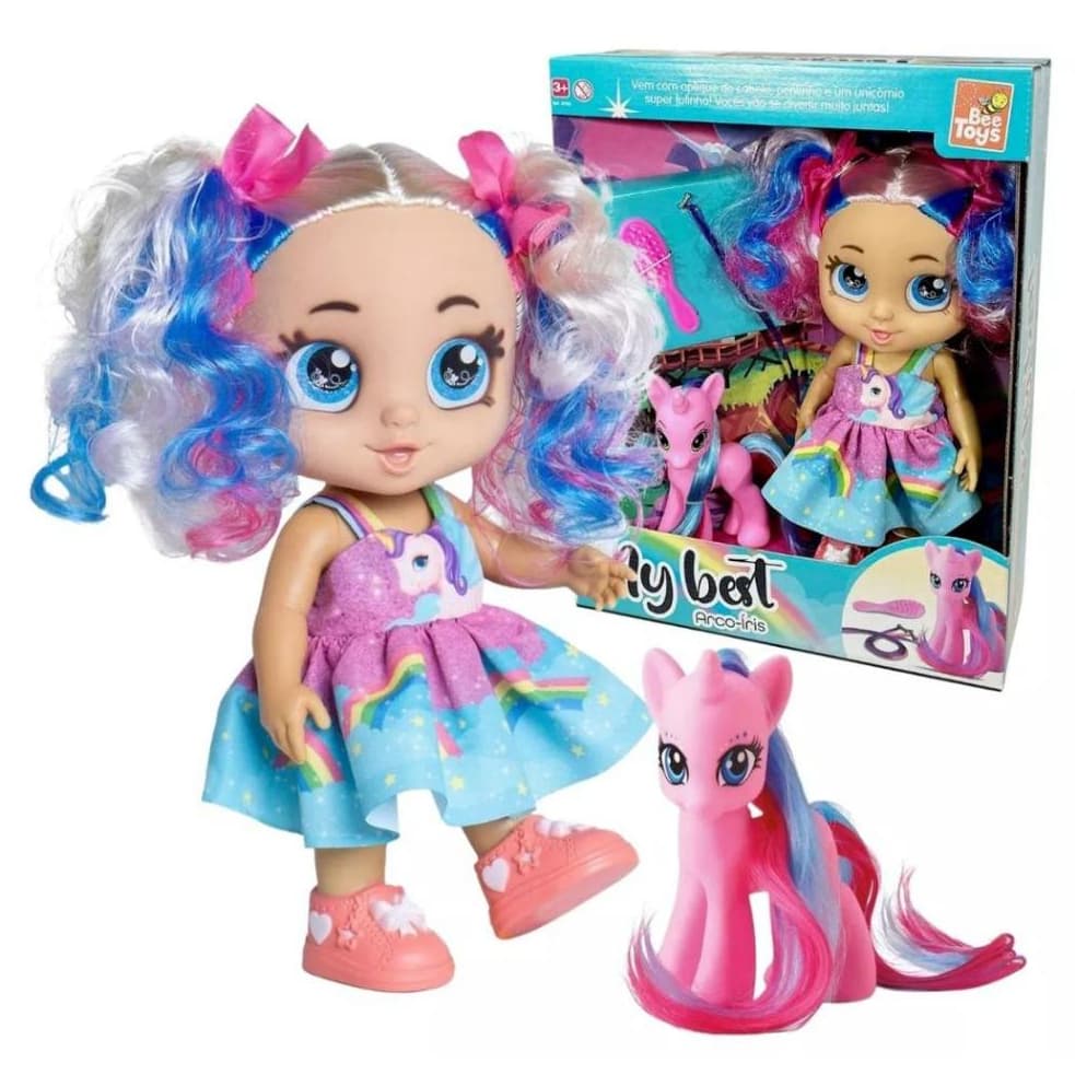 Boneca My Best Arco Iris com Unicórnio e  Acessórios - Envio Imediato - Bee Toys