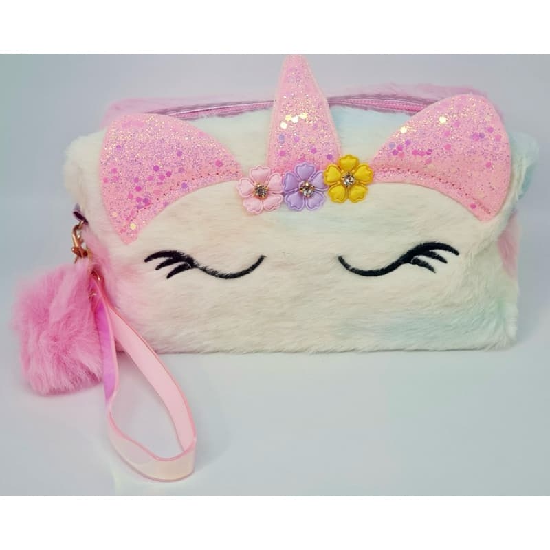 Estojo Pelucia Unicórnio Escolar Necessaire Porta Objetos Fofo, Bolsinha Escolar Unicórnio Cores Sortidas