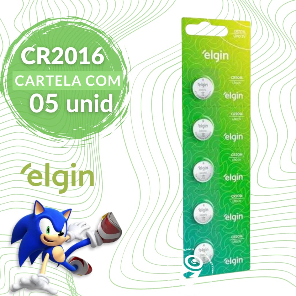 5 Baterias CR2016 3V Tipo Moeda Litio Lithium Elgin Energy - 01 Cartela C/ 05 Unidades