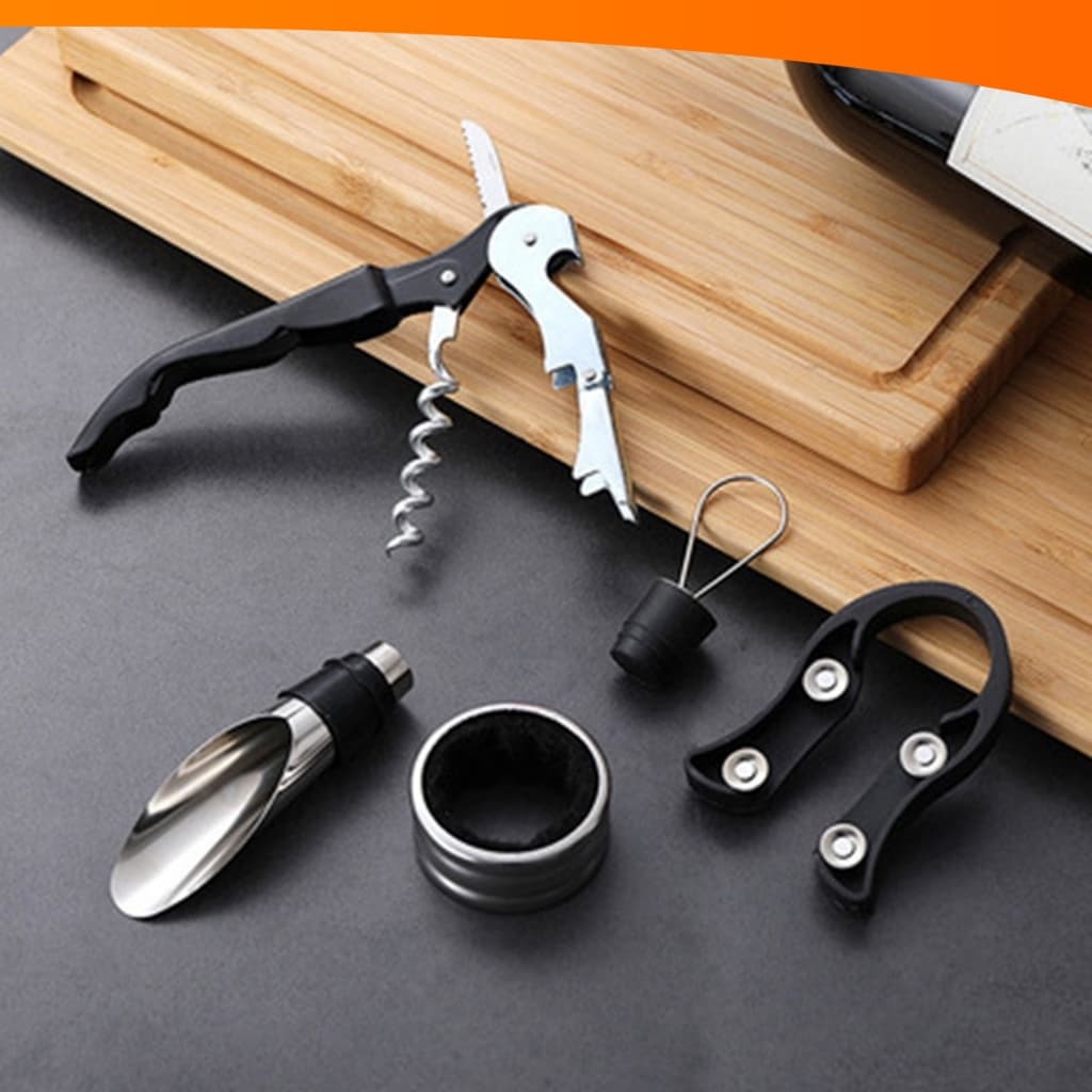Kit Abridor De Vinho 5 Peças Inox Com Saca Rolha Dosador Corta Lacre