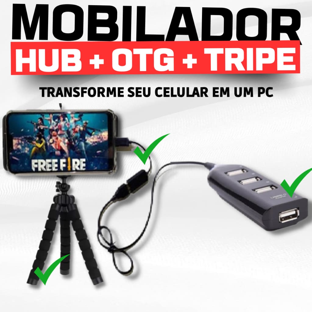Adaptador Usb Hub 2.0 4 Portas 480 Mbps + Cabo Otg Tipo-c ou Micro Usb + Tripé Para Celular Mobilador Gamer